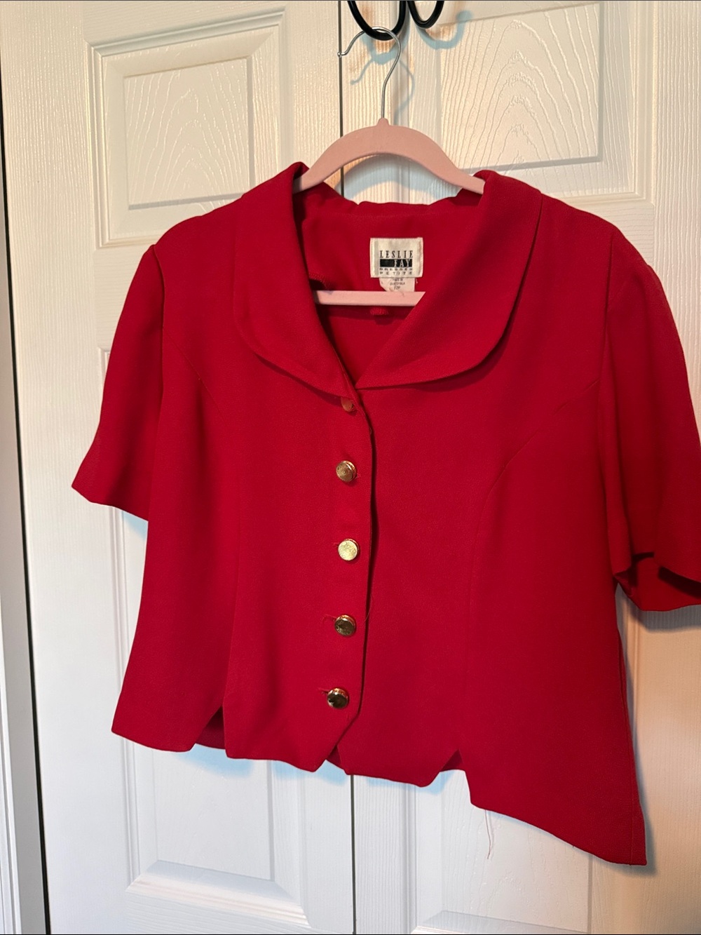 Leslie Fay Bright Red Short Sleeve Button-Front Blouse with Gold Buttons